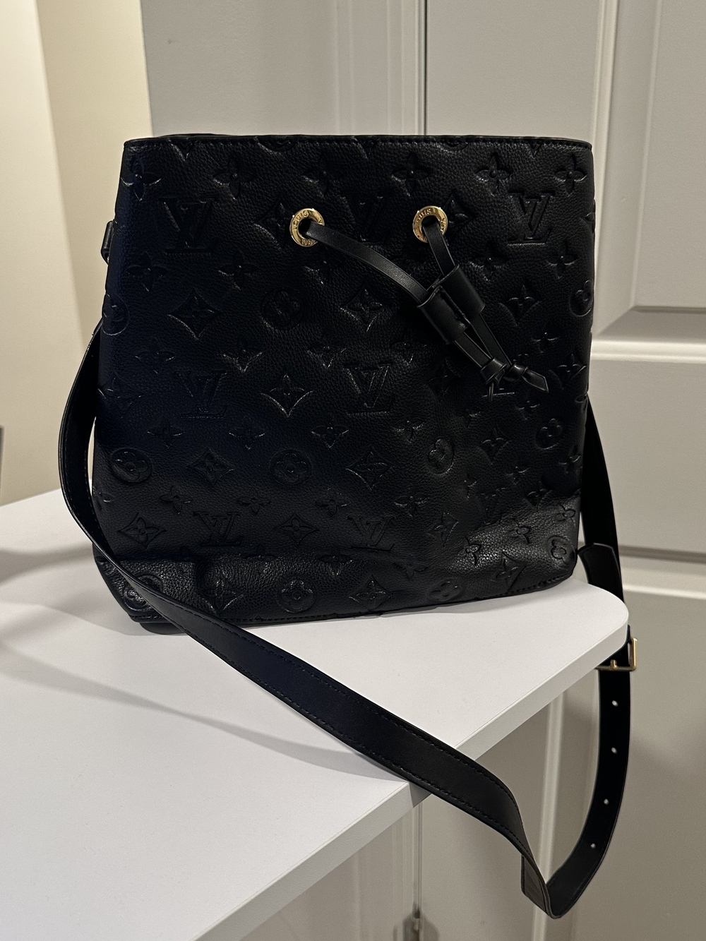 Black Leather Embossed Bucket Bag in Black with Gold Tone - Picture 10 of 10